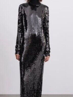 ZARA Black Sequin Long Sleeve Turtleneck Dress NWT